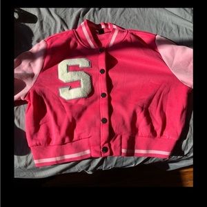 Shein light pink and fuchsia letterman crop jacket